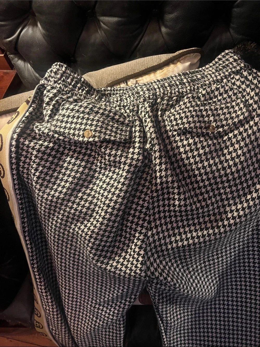 Gucci Black & White Houndstooth Joggers with Logo Side Stripe
